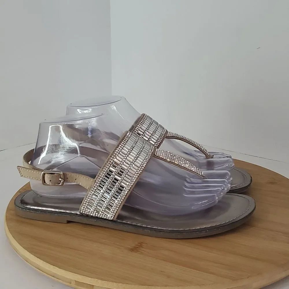Kelly & Katie Silvya Metallic Crystal Thong Sandals Slingback Ankle Strap Size 8